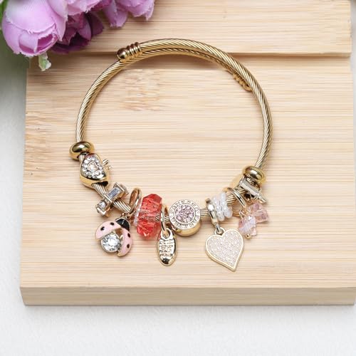DS Charm Bracelets for girls,exquisite cute cartoon gold friendship bracelets Stainless Steel Bangle with birthday Gift box, Adjustable girls jewelry Suitable for holiday gifts - style: Gold-Beetles