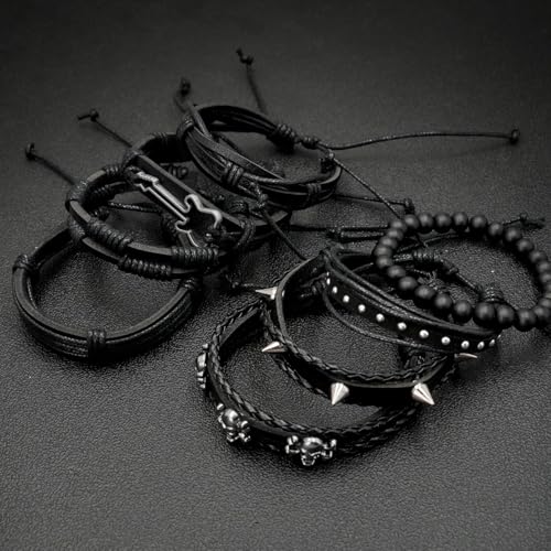 8pcs Punk Rock Style Bracelet Set, Black Multi-layer Leather Wristbands with Guitar Charm, Skull Design, Beaded Braided Cuff for Men, Women, Unisex Bohemian Style