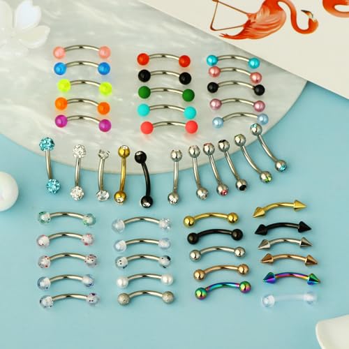 Suotarn 47pcs 16G Stainless Steel Eyebrow Piercing Rings Clear CZ Curved Barbell Helix Daith Rook Earrings Piercing Body Jewelry for Women Men - style: 47pcs mix