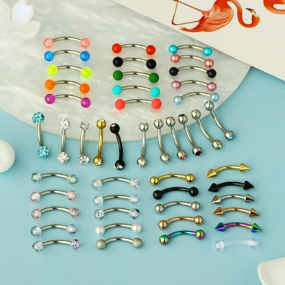 Suotarn 47pcs 16G Stainless Steel Eyebrow Piercing Rings Clear CZ Curved Barbell Helix Daith Rook Earrings Piercing Body Jewelry for Women Men - style: 47pcs mix