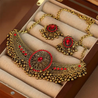 Frodete Indian Jewelry Sets for Women Traditional Bohemian Wedding Jewelry Set Indian Dresses for Women Oxidized Ethnic Party Prom Wear - color: C2:red indian necklace earring sets