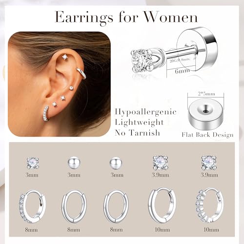 Turandoss 10 Pairs Gold Hoop Earrings for Women | 14K Gold Plated Stud Hoop Earrings, Flat Back, Cartilage Earring Stacks, Multiple Piercing, Hypoallergenic - color: Silver Plated