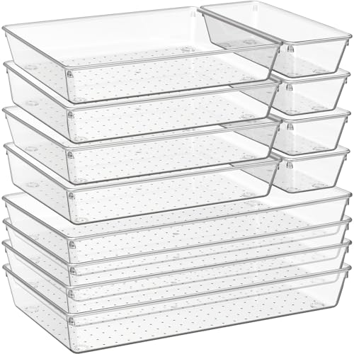 12 Pack Large Clear Plastic Drawer Organizer Trays | MULTI-USE Acrylic Drawer Storage for Kitchen, Bathroom, Makeup, Office, School, Undies | College Dorm Room, Home Apartment Essentials - size: 12 Pack
