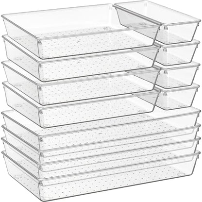 12 Pack Large Clear Plastic Drawer Organizer Trays | MULTI-USE Acrylic Drawer Storage for Kitchen, Bathroom, Makeup, Office, School, Undies | College Dorm Room, Home Apartment Essentials - size: 12 Pack