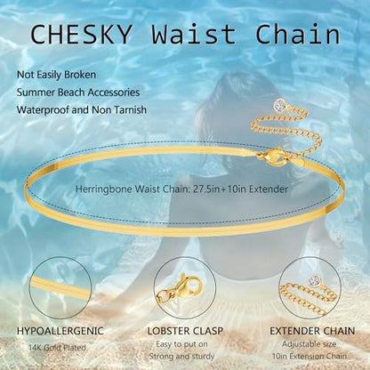 CHESKY 14K Gold Plated Waist Chain for Women, Layered Waist Beads | Silver Plated Gold Body Chains, Beach Summer, Waterproof Snake Belly Belt Chain, Festival Jewelry Accessories for Women - style: snake-gd