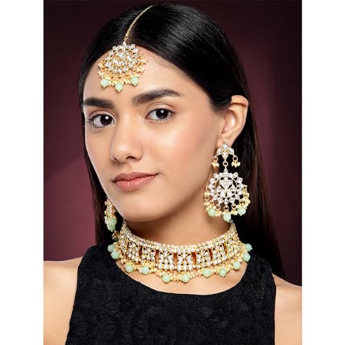 Aheli Elegant Indian Faux Kundan Studded Choker Necklace with Maang Tikka Set Ethnic Wedding Wear Bharatanatyam jewellery set Gift for Women - color: Maroon 2