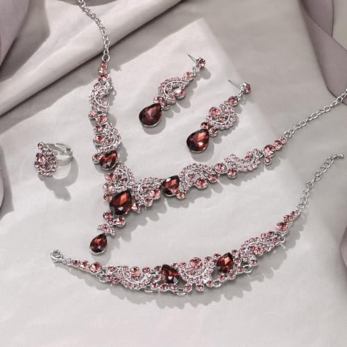 EVER FAITH Rhinestone Crystal Bridal Floral Wave Teardrop Necklace Earrings Set - color: 4pcs_Purple