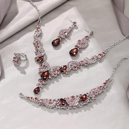 EVER FAITH Rhinestone Crystal Bridal Floral Wave Teardrop Necklace Earrings Set - color: 4pcs_Purple
