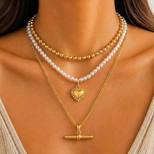 Layered Necklaces for Women Pearl Necklace Stack Gold T Bar Necklace Set Dainty Heart Pendant Jewelry Trendy 2026 Fashion Accessories Gifts - color: A3:3pcs-gold