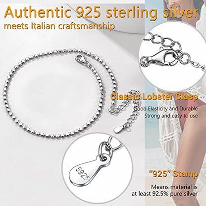 PROSILVER 925 Sterling Silver Ankle Bracelets For Women, Stylish Chain Anklets, Summer Beach Jewelry, 8.6-10.6 Inch Adjustable, Come with Box - style: 06 Beaded Anklet-2mm