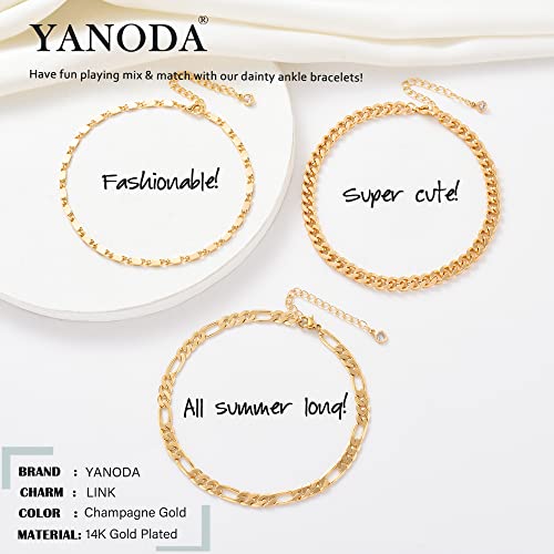 YANODA 3Pcs Gold Ankle Bracelets for Women Dainty 14k Gold Plated Layering Anklets Set Adjustable Fashion Link Chain Ankle Bracelet Adjustable Beach Foot Jewelry Gifts for Women - color: YP Mariner+Cuban(L)+Figaro
