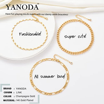 YANODA 3Pcs Gold Ankle Bracelets for Women Dainty 14k Gold Plated Layering Anklets Set Adjustable Fashion Link Chain Ankle Bracelet Adjustable Beach Foot Jewelry Gifts for Women - color: YP Mariner+Cuban(L)+Figaro