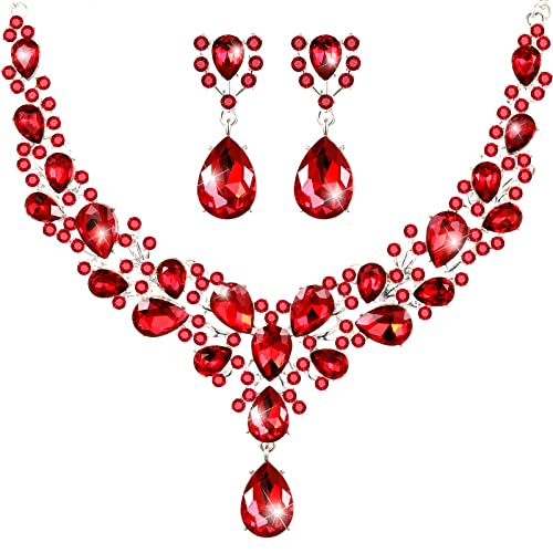 Hicarer Bridal Teardrop Cluster Crystal Jewelry Set for Women Necklace Earrings Wedding - color: Red