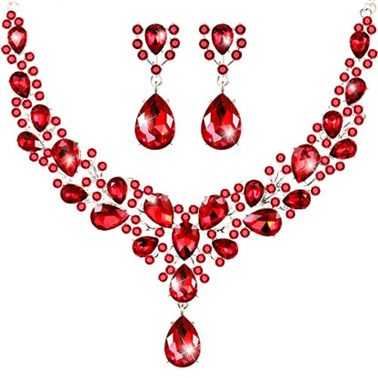 Hicarer Bridal Teardrop Cluster Crystal Jewelry Set for Women Necklace Earrings Wedding - color: Red