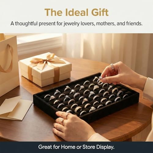 SynHHergyx Ring Display Tray 7 Slots Ring Display Case Earrings Showcase Organizer Rings Holder Tray Velvet Jewelry Drawer Organizer Inserts, Black