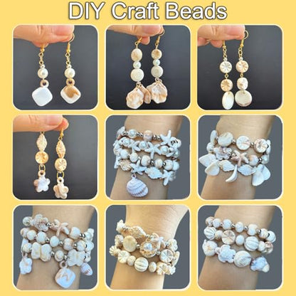610Pcs Ocean Beads for Bracelets Making Kit, Shell Beads for Jewelry Making, Imitation Boho Shell Turtle Starfish Shape Sea Beach Bead Charms for Summer Sea Dangle Pendant Earring DIY Craft Necklace - color: Beige