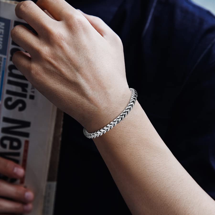 Mens Bracelet - Stainless Steel Fold Over Clasp Franco Chain Bracelets for Men - color: G-Silver