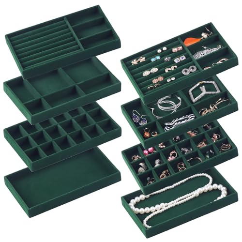 Set of 8 Stackable Jewelry Organizer Stackable Trays for Drawers,Jewelry Drawer Inserts Container Display Case Storage for Earring Necklace Rings Bracelet with Removable Dividers-Green - color: Green
