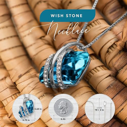 Leafael Wish Stone Pendant Necklace with Birthstone Crystal, 18K Rose Gold Plated/Silvertone, 18" + 2" - color: 212-December-Zircon Blue-Silvertone