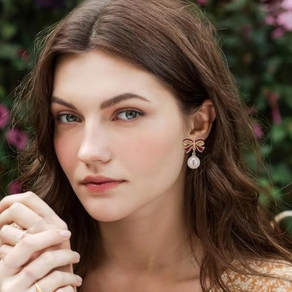 Gold Bow Earrings for Women, Long Tassel Chain Drop Earrings, Trendy Small Bow Earrings, Ribbon Waterfall Dangling Earrings, Pearl Bow Earrings, Sparkly Elegant Bowknot Preppy Jewelry Gifts for Women - color: Red