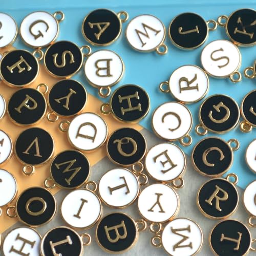 A-Z Letter Charms Round Enamel Alphabet Initial Pendant for Jewelry Making,Double-Side for Necklace Bracelet Earring DIY Craft - color: 4 sets(104pcs)-White,Black