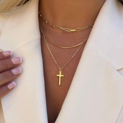 Gmai Layered Necklaces for Women Gold Plated 3/4/5 Piece Adjustable Stackable Necklace Set with Pearl Cross Coin Pendant Dainty Gold Silver Choker Chain Jewelry Gift for Her - style: Paperclip cross