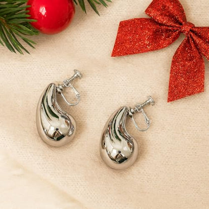 14K Gold Clip On Earrings Women,Teardrop Chunky Detachable Hoop Clip-On Earrings for Non Pierced Ears Hypoallergenic Lightweight Earring Clips - color: Silver