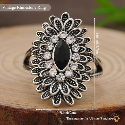 Boho Retro Rhinestone Ring Ethnic Big Flower Crystal Finger Ring Trendy Statement Tribal Indian Dance Costume Ring Jewelry for Women - color: Silver-black