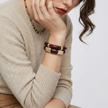 GOOJIDS Simple Beaded Gold Plated Bangles Bracelet Chunky Bamboo Tube Curved Stacking Clear Acrylic Colorful Beads Stretchable Gold Plated Bracelets Set For Women - color: T-Dark Brown 2 set