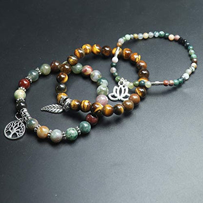 Tree of Life Yoga Healing Stone Bracelets,Multilayer Lotus Chakra Stone Reiki Bracelet Sets,Anxiety Crystal Natural Stone,for Women Stress Relief - style: Style 1 Indian Agate+Yellow Tiger Eye