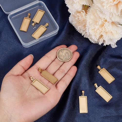 1 Box 10Pcs Stainless Steel Rectangle Pendant Tray Bezel Tray Blanks 31x13mm Gold Charms Pendant Base Cabochon Bezel Blank for Jewelry Making Resin Photo Craft Necklace Bracelets Adults - style: gold rectangle