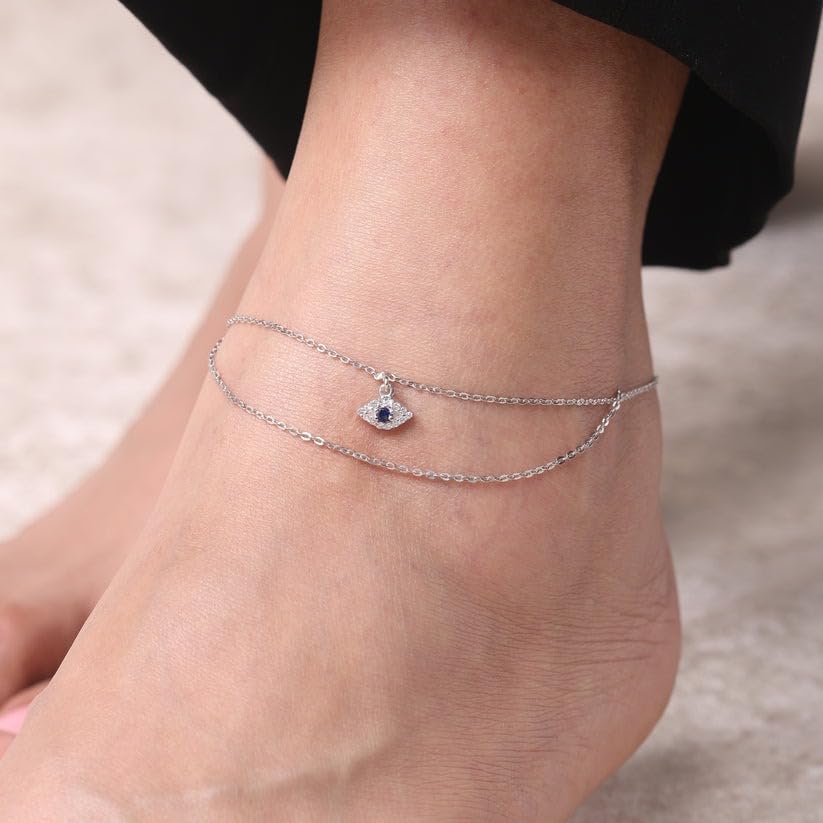 Bheop Ankle Bracelets for Women 14K Gold Silver Plated Waterproof Anklets | Evil Eye Pearl Heart Conch Shell Charm, Boho Adjustable Foot Chain, Dainty Summer Beach Jewelry Gifts, Non Tarnish - color: SL-Layered Evil Eye