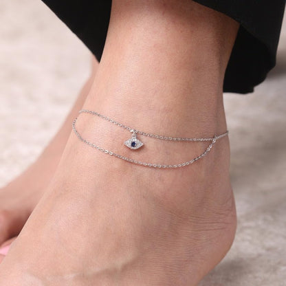 Bheop Ankle Bracelets for Women 14K Gold Silver Plated Waterproof Anklets | Evil Eye Pearl Heart Conch Shell Charm, Boho Adjustable Foot Chain, Dainty Summer Beach Jewelry Gifts, Non Tarnish - color: SL-Layered Evil Eye