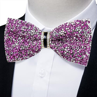DiBanGu Mens Rhinestone Bow Tie with Ring and Lapel Pin Set | Adjustable Strap,Pre-tied Style,3PCS,Sequin Diamond Bowties，Solid/Mix Color,Shiny Accessory,for Party Prom Banquet Wedding - color: Purple and Silver