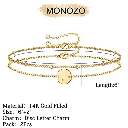 Gold Initial Bracelets for Women Girls Jewelry Gifts - Dainty 14K Gold Plated Layered Beaded Letter Bracelet 26 Alphabet Disc Monogram Initial Bracelets Birthday Gifts for Women Girls Teens - style: J