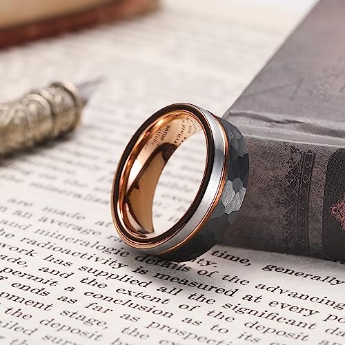 King Will Mens Tungsten Carbide Wedding Band with Groove Design | 6/7/8mm Width, Grooved, Comfort Fit, Everyday Wear - color: Hammered Rose Gold-8mm