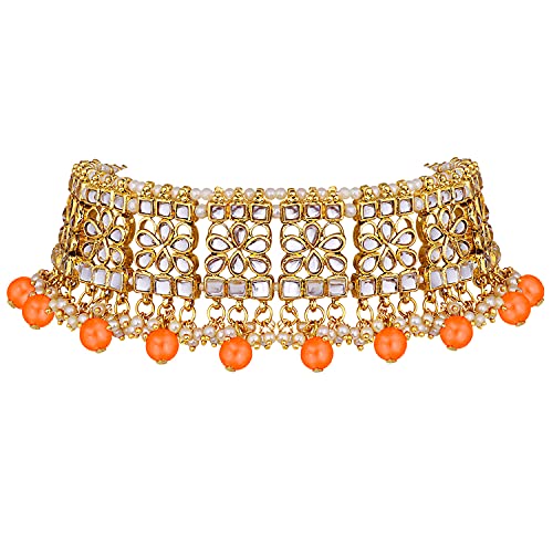 Aheli Elegant Indian Faux Kundan Studded Choker Necklace with Maang Tikka Set Ethnic Wedding Wear Bharatanatyam jewellery set Gift for Women - color: Orange