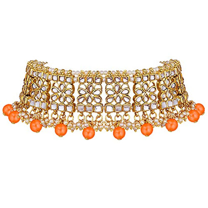 Aheli Elegant Indian Faux Kundan Studded Choker Necklace with Maang Tikka Set Ethnic Wedding Wear Bharatanatyam jewellery set Gift for Women - color: Orange