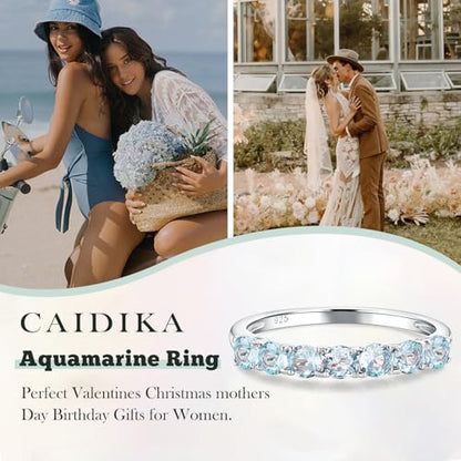 3.5mm Stackable Rings S925 Sterling Silver Created Birthstone & Cubic Zirconia Ring for Women Wedding Bands Anniversary Birthday Jewelry Size 6 to 10(with Box) - color: 03-Created Aquamarine-Mar