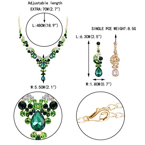 EVER FAITH Rhinestone Crystal Bridal Floral Wave Teardrop Necklace Earrings Set - color: 2pcs_Green