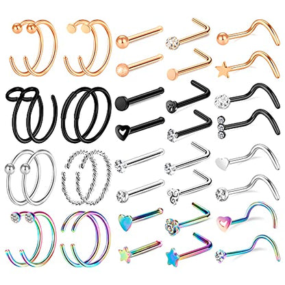 35-70 PCS 18G 20G Nose Rings for Women & Men - Gold Hoops, L Shape, Studs & Screw - 316L Surgical Stainless Steel - color: Color D-40pcs