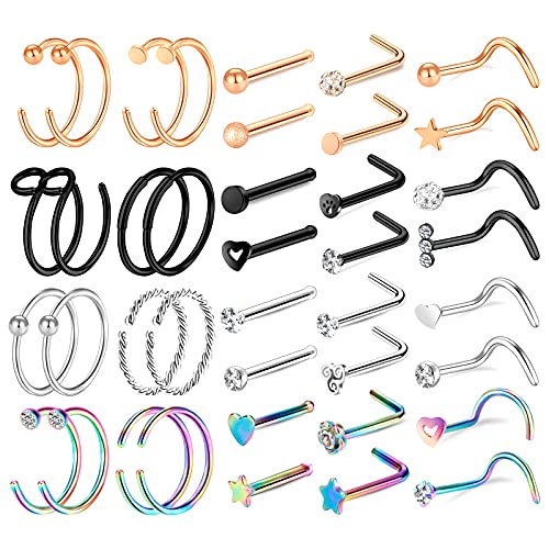 35-70 PCS 18G 20G Nose Rings for Women & Men - Gold Hoops, L Shape, Studs & Screw - 316L Surgical Stainless Steel - color: Color D-40pcs