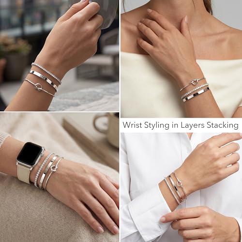 925 Sterling Silver Bracelets for Women Stack, Trendy Tennis Bangle Cuff Jewelry Set 14K Gold Plated, Adjustable Bracelet Set for Wrist Essentials, Women Fashion Watch Band Acecessories - style: Bracelet_3pcs(Dainty Tennis Set1-Silver)