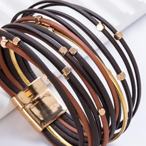 Stackable Beaded Leather Wrap Bracelet Boho Western Country Beach Jewelry | Layered Bead Stack Multi Strand Magnetic Clasp Cuff Bangle Bohemian Hippie Cowgirl Fashion Summer Vacation Outfits for Women - color: Brown