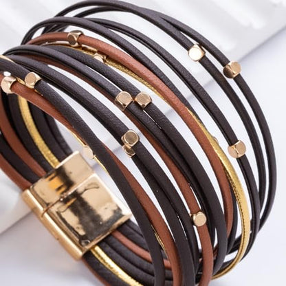 Stackable Beaded Leather Wrap Bracelet Boho Western Country Beach Jewelry | Layered Bead Stack Multi Strand Magnetic Clasp Cuff Bangle Bohemian Hippie Cowgirl Fashion Summer Vacation Outfits for Women - color: Brown