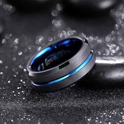 King Will Mens Tungsten Rings for Men Two Tone Grooved Mens Wedding Band Cool - color: Black & Blue 8mm, I Love You