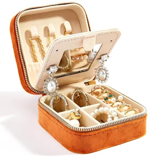 Smileshe Travel Velvet Jewelry Box with Mirror, Mini Gifts Case for Women Girls, Small Portable Organizer Boxes for Rings Earrings Necklaces Bracelets - color: PlushVelvet-Brown