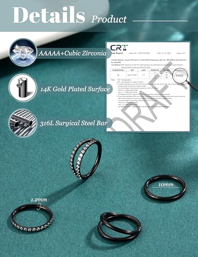 Dochais 4PCS 18G Nose Rings Hoops, Surgical Steel Earrings Tragus Septum Piercing CZ Clicker Ring, Hinged Segment Conch Lip Cartilage Double Hoops 8mm 10mm for Women Men - color: Black, size: 16G(1.2mm),10mm