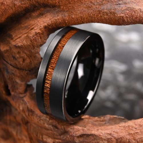Tungsten Carbide Rings for Men 8mm Black Hammered Whiskey Barrel Wood & Elk Antler Inlay Men's Engagement Wedding Bands Matte Brushed - color: 8mm black Brushed