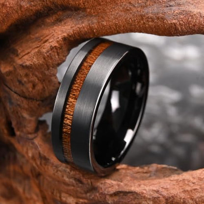 Tungsten Carbide Rings for Men 8mm Black Hammered Whiskey Barrel Wood & Elk Antler Inlay Men's Engagement Wedding Bands Matte Brushed - color: 8mm black Brushed